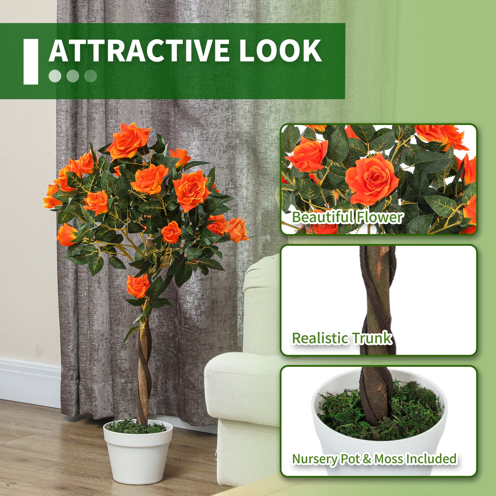 Outsunny Set of 2 Artificial Plants White Rose Floral in Pot, Fake Plants for Home Indoor Decor, 90cm, Orange--ChewyGames-ChewyGames