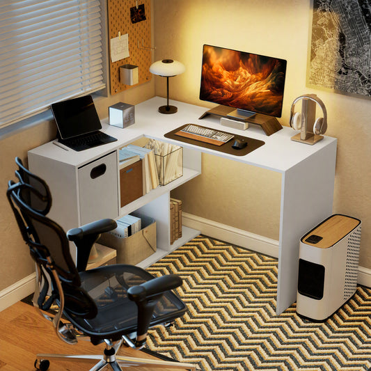 HOMCOM L Shaped Computer Desk, 110 x 100cm Reversible Corner Desk with Fabric Drawer and Storage Shelves, White