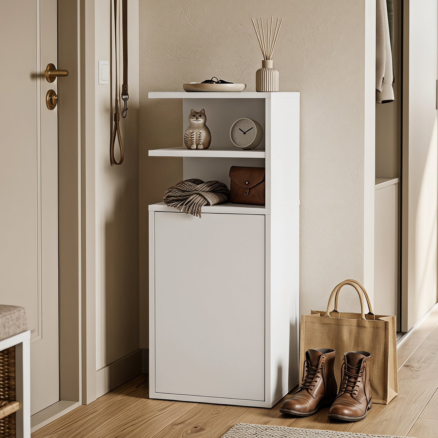 HOMCOM Slim Bedside Table Set of 2, Narrow Bedside Cabinet with Open Cubbies and Cupboard for Bedroom Living Room, White