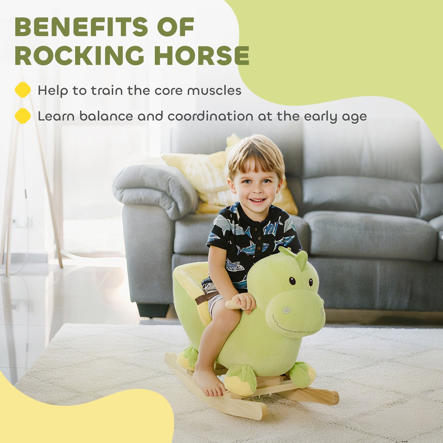 HOMCOM Kids Rocking Horse, Plush Ride-On Dinosaur Seat, with Seat Seat Belt, 32 Songs, Ride-On Horse--ChewyGames-ChewyGames