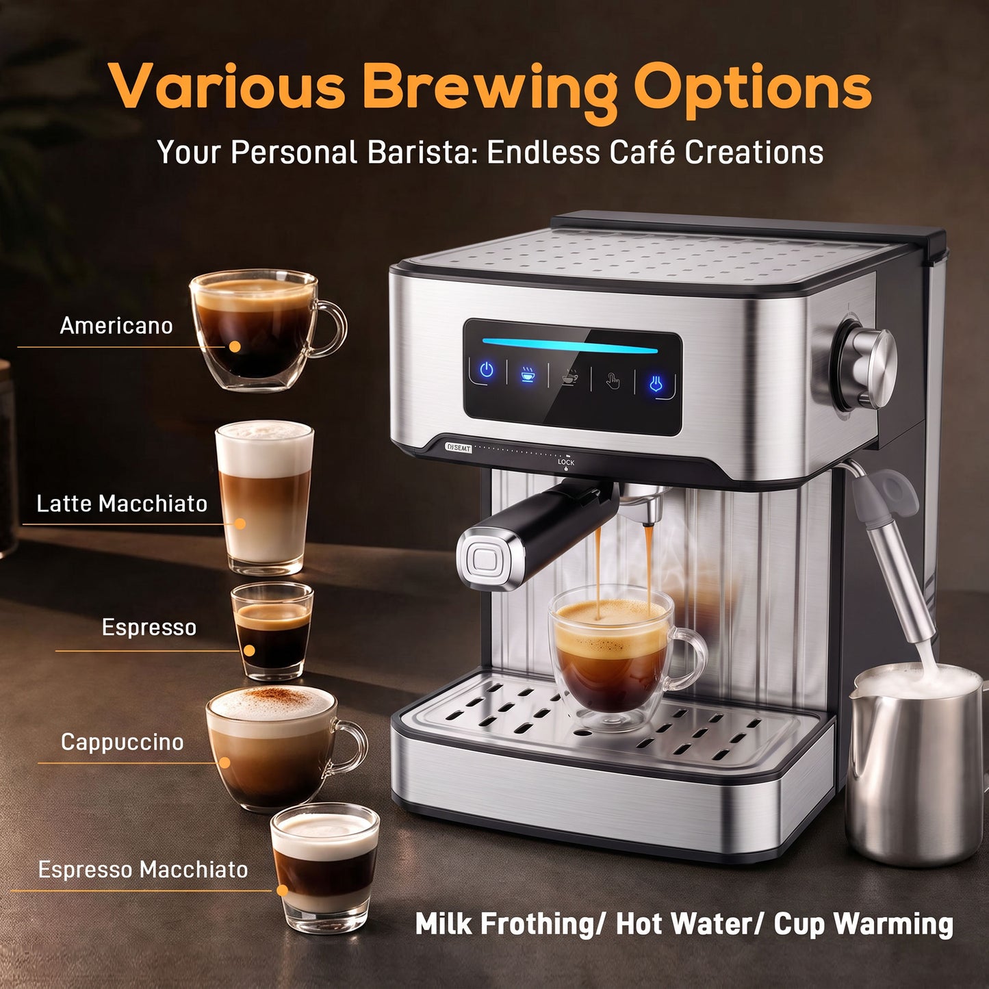 HOMCOM Espresso Machine, 20-Bar Cappuccino Coffee Maker with Frother Wand, 1.6L Tank, Single/Double/Manual Shot, LED Touch