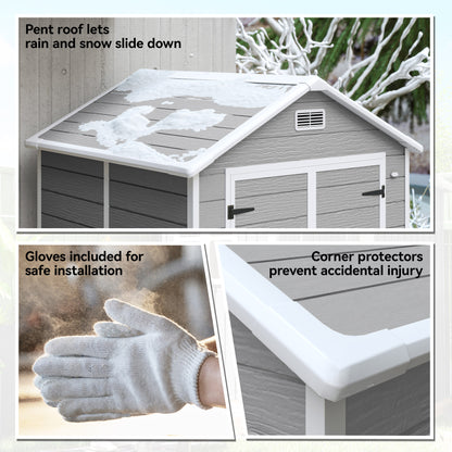 Outsunny 6 x 5ft Garden Shed, Plastic Shed with Floor, Window, Lockable Doors and Vents, Wood Effect Resin Tool Shed for Outdoor Patio, Dark Grey
