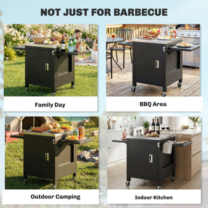 Outsunny Outdoor Grill Cart with Stainless Steel Tabletop, BBQ Table with a Cabinet, Towel Holder, Bottle Opener, Black