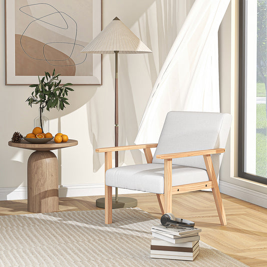 HOMCOM Modern Armchair, Linen Upholstered Accent Chair with Solid Wood Legs and Wide Seat, Padding Lounge Chair for Living Room Bedroom Office, Cream White