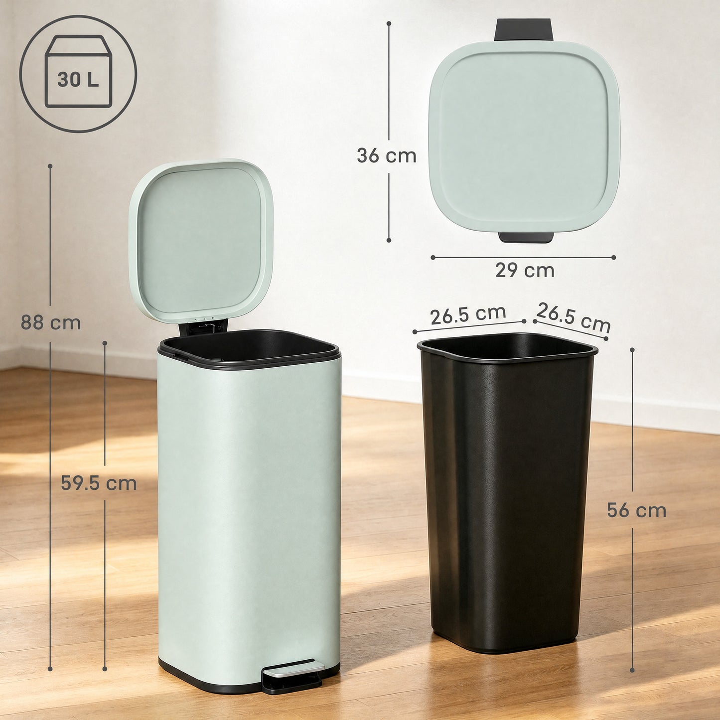 HOMCOM 30L Kitchen Bin, Compact Pedal Bin with Soft-Close and Stay-Open Lid, Removable Bucket for Kitchen, Home, Office, Green