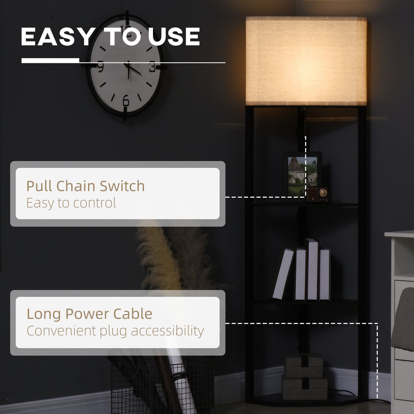 HOMCOM Corner Floor Lamp with Shelves, Modern Tall Standing Lamp with Chain Switch for Living Room, Bedroom, Bulb Not Included, Black