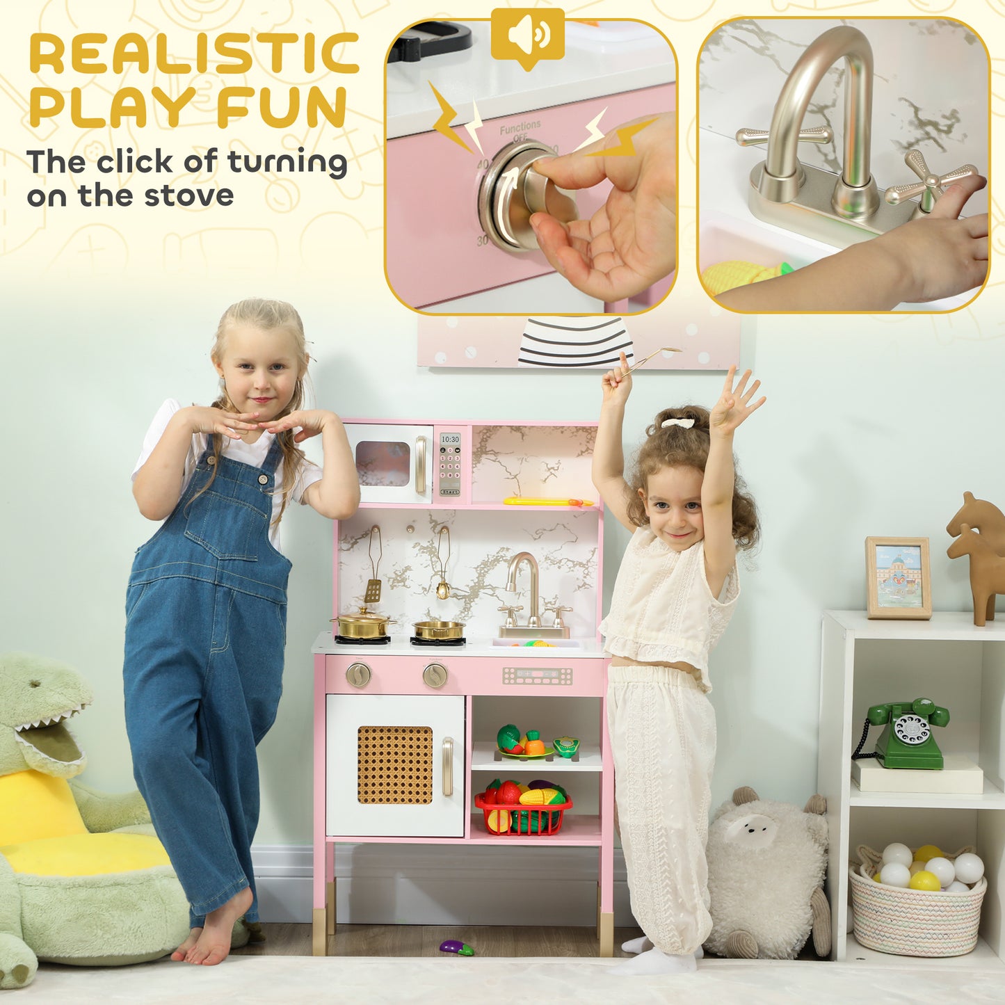 AIYAPLAY Kitchen Playset with Pretend Play Cooking Accessories, Play Kitchen with Oven, Microwave and Sink, Pink--ChewyGames-ChewyGames
