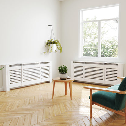 HOMCOM Set of 2 MDF Extendable Radiator Cover with Cabinet Shelving, Home Office Slatted Design, White 139-208.5L x 20.5W x 82.5H cm