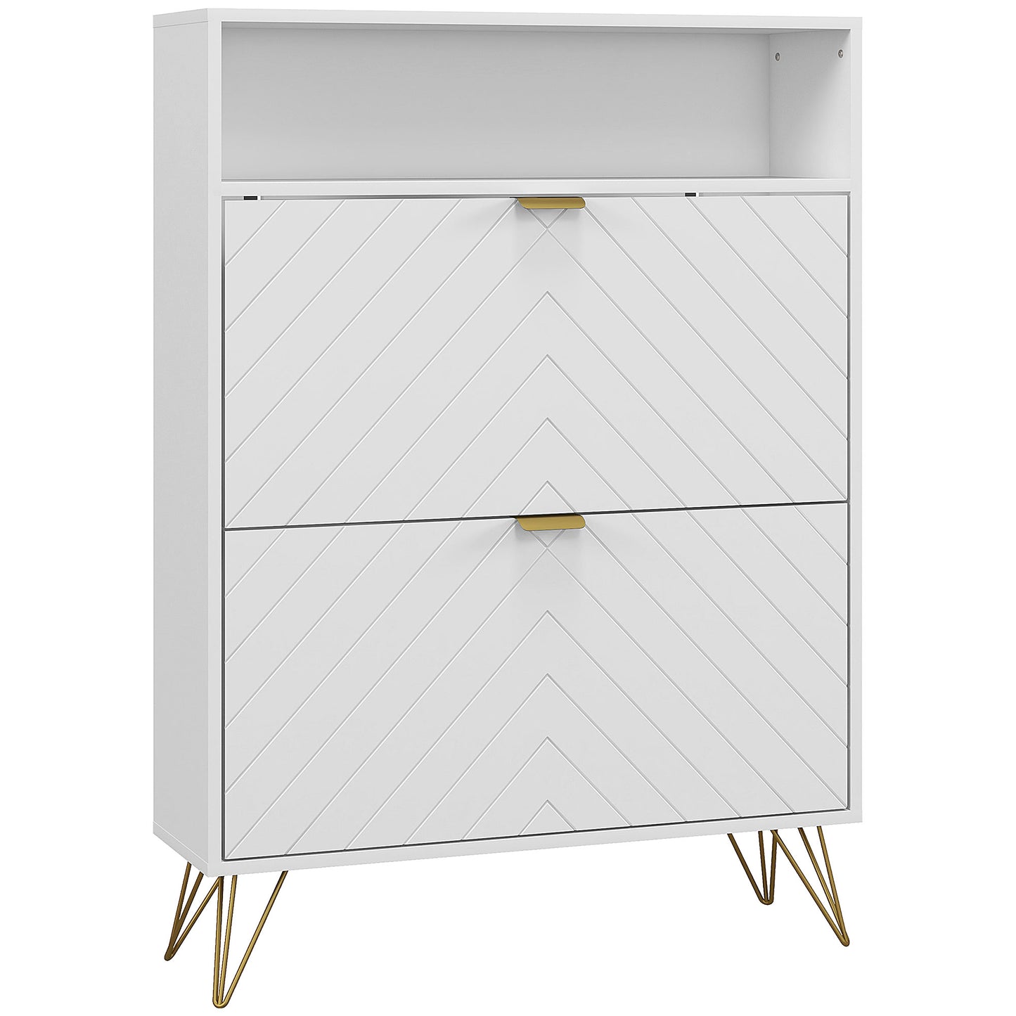 HOMCOM 12 Shoe Storage Cabinet with Chevron Indents and Gold Tone Accents - White