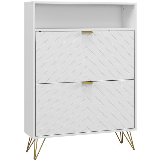 HOMCOM 12 Shoe Storage Cabinet with Chevron Indents and Gold Tone Accents - White