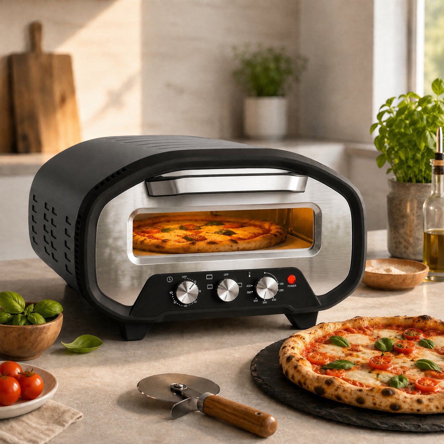 HOMCOM Electric Pizza Oven, Pizza Maker with 3 Knob Control and Ceramic Stone, Viewing Window, 2200W