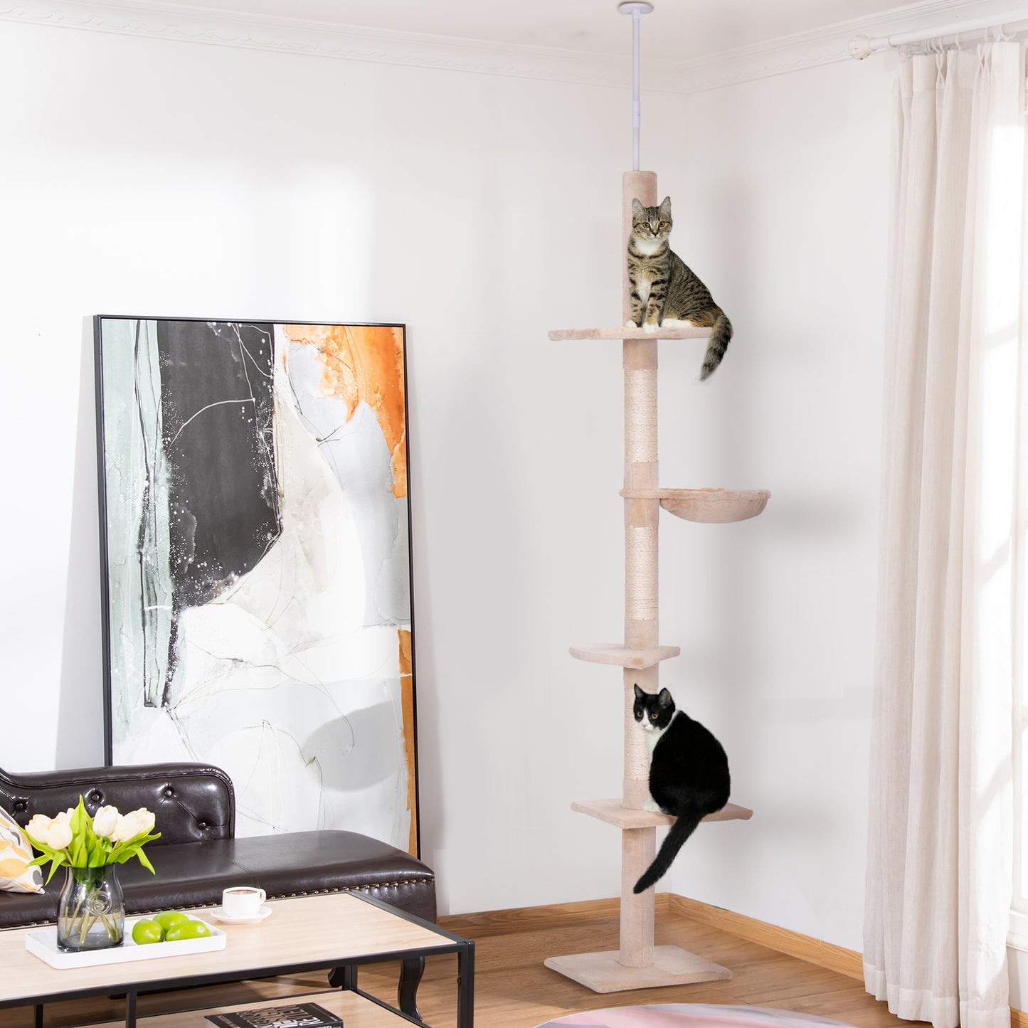 PawHut Floor to Ceiling Cat Tree 230-260cm Height Adjustable, 5-Tier Cat Tower with Scratching Posts, Hammock, Perches, Climbing Activity Centre for Indoor Kittens Playing and Relaxing, Beige