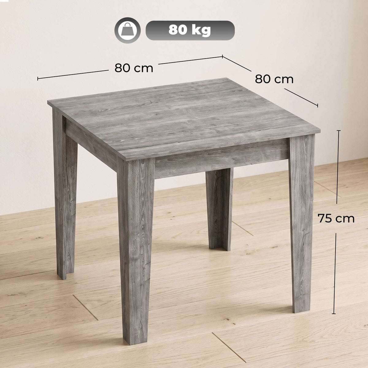 HOMCOM Dining Table for 4, 80L x 80W x 75Hcm, Modern Square Kitchen Table with Wood Effect Tabletop, Grey Wood Effect