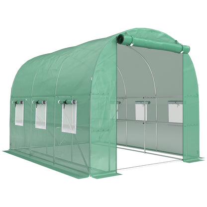 Outsunny Walk-in Greenhouse with Shelves, Polytunnel Greenhouse with Roll-Up Door, 6 Mesh Windows,198 x 275 x 191 cm, Green