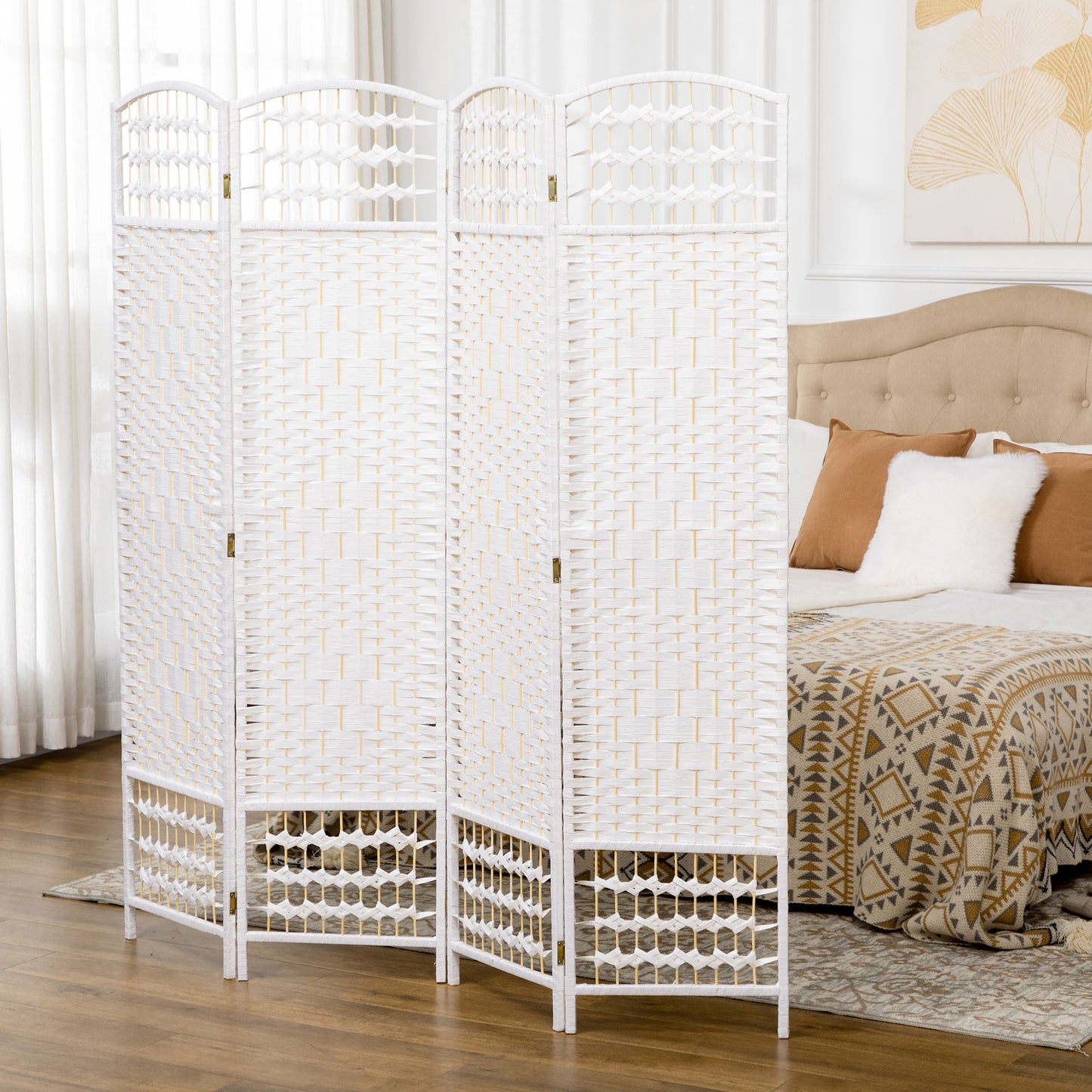 HOMCOM 4 Panel Folding Room Divider, Privacy Screen, Paravent Partition Separator for Living Room, Bedroom, White