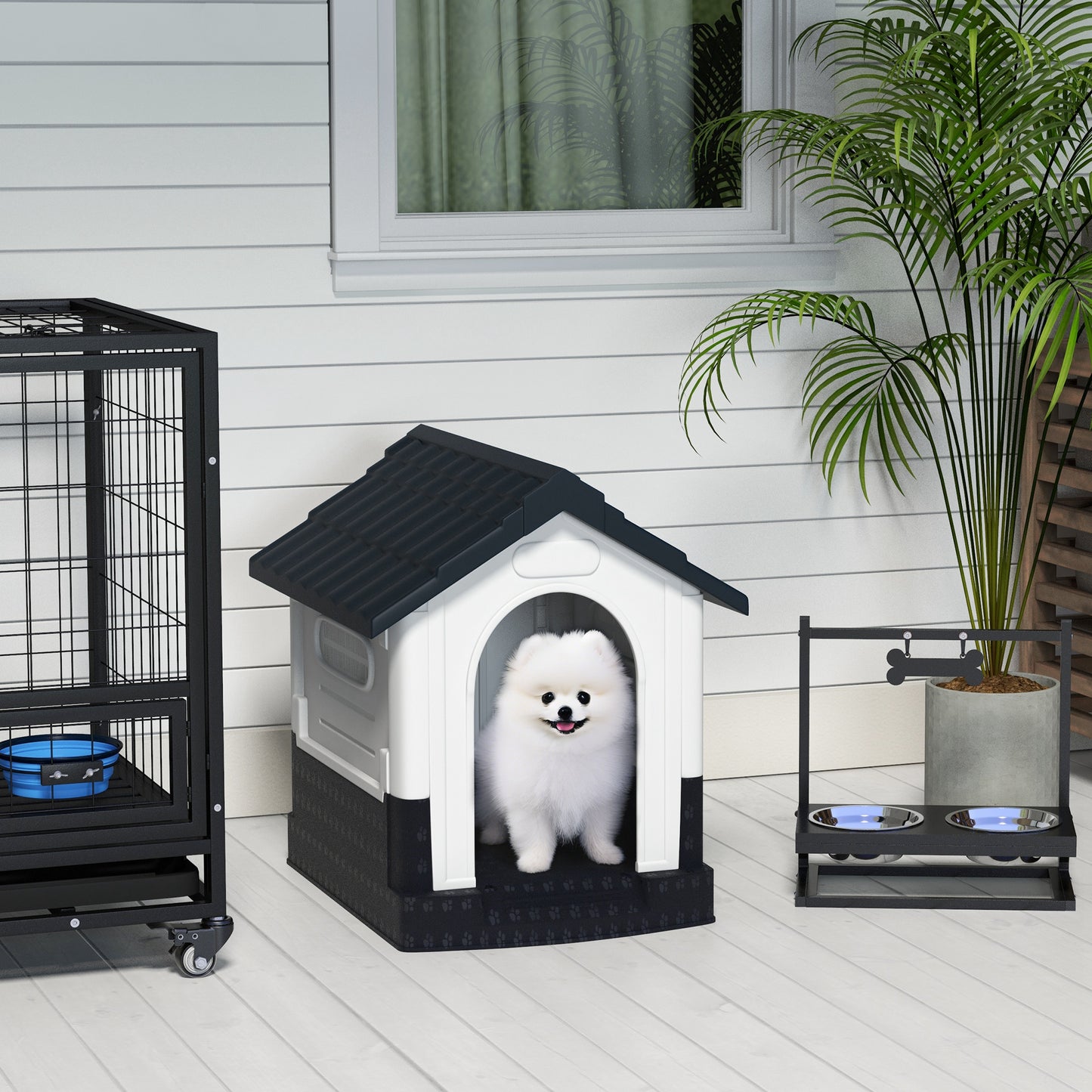 PawHut Plastic Dog Kennel with Windows, for Garden Patio, Miniature Dogs, 64.5 x 57 x 66cm - Grey