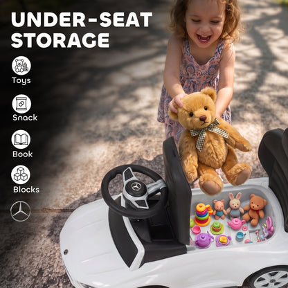 AIYAPLAY 3 in 1 Licensed Benz Ride on Push Car with Handle, Canopy, Guardrails, Horn, Music, Storage for 12-36 Months, White