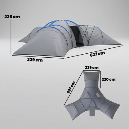 Outsunny 6-9 Man Large Tunnel Tent with 3 Bedrooms, Living Area and Porch, Stand-up Camping Tent, Portable with Bag, Light Grey