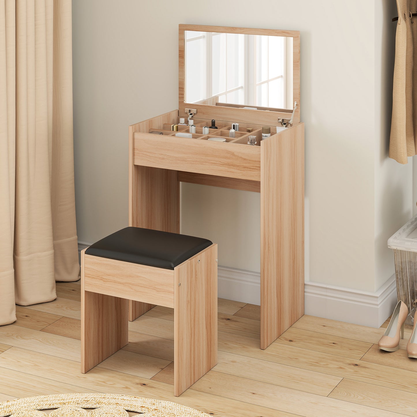 HOMCOM Dressing Table with Mirror and Stool, Vanity Makeup Table with Flip Up Mirror, Vanity Desk with Storage Unit and Padded Seat, Wood