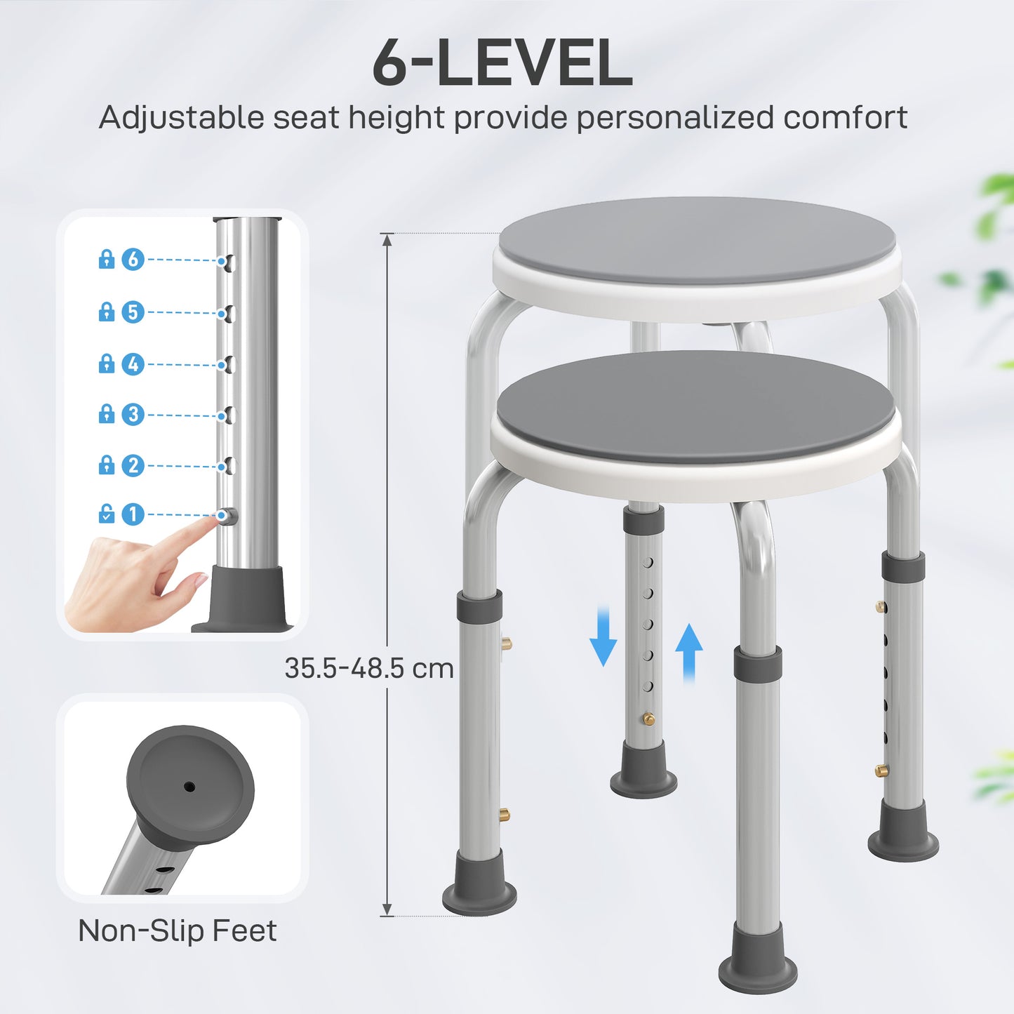 HOMCOM 360° Swivel Shower Chair, Height Adjustable Aluminium Shower Stool with Non-Slip Feet for Disabled, Elderly, Grey