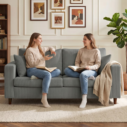 HOMCOM Loveseat Sofa with Wide Seat, Corduroy 2 Seater Couch with Deep Seat, Spring Cushion, Light Grey
