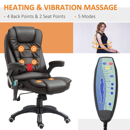 HOMCOM 6-Point Massage Office Chair with Seat Heated for Home Office, PU Leather High Back Executive Desk Chair with Adjustable Height and 360° Swivel for Work Study, Brown