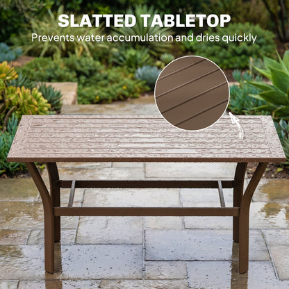 Outsunny Metal Garden Coffee Table, Rectangular Outdoor Side Table with Slatted Tabletop, Foot Pads for Outside, Garden, Balcony, Porch, 91.5 x 55 x 45cm, Brown