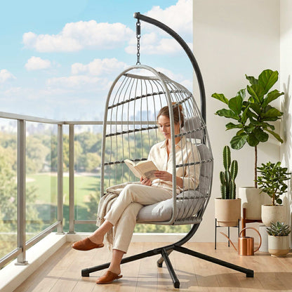 Outsunny Hanging Egg Chair, Indoor Outdoor Hammock Swing Chair with Stand, Safety Strap, Foldable Basket, Light Grey