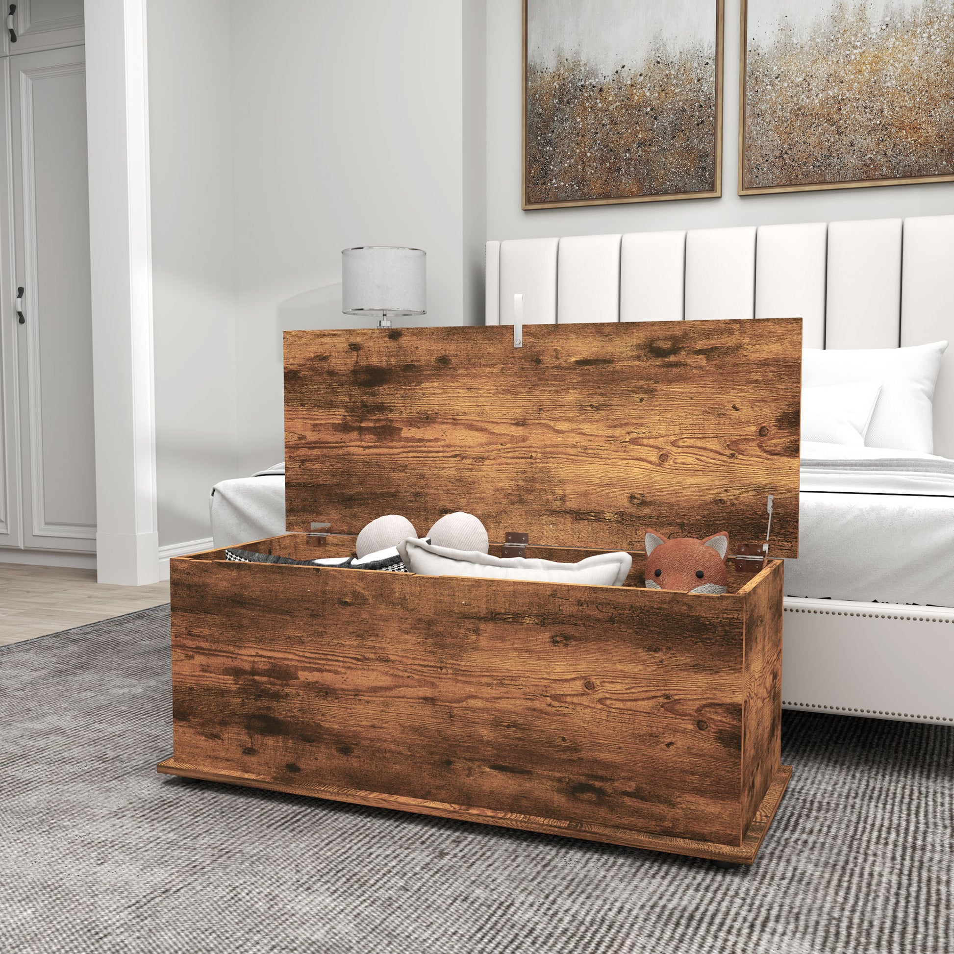 HOMCOM Storage Chest, Large 113L Blanket Box, Shoe Bench with Safety Hinged Lid, Storage Trunk, Bed End Bench for Bedroom, Hallway, Living room, Playroom, 100 x 40 x 40cm, Rustic Brown--ChewyGames-ChewyGames