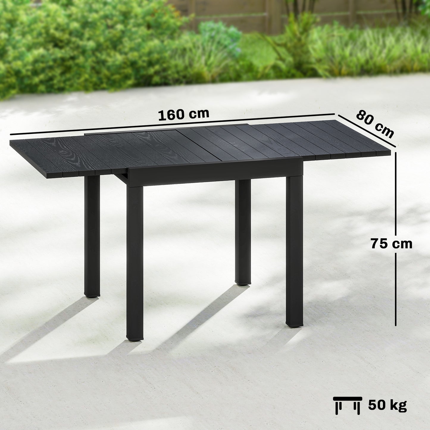 Outsunny Extending Garden Table for 4-6, Aluminium Outdoor Dining Table with Faux Wood Slatted Top, Black