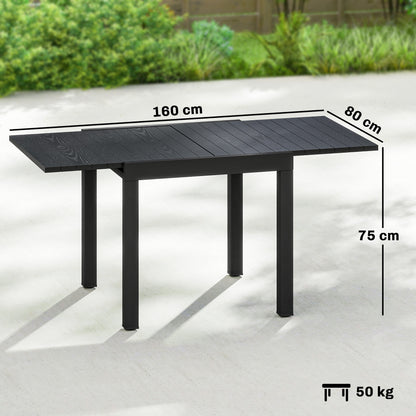 Outsunny Extending Garden Table for 4-6, Aluminium Outdoor Dining Table with Faux Wood Slatted Top, Black