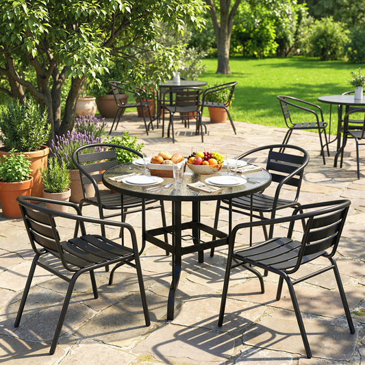 Outsunny Tempered Glass Top Round Outdoor Dining Table with Parasol Hole, 96.5 x 96.5 x 71 cm