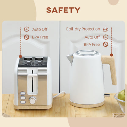 HOMCOM Stainless Steel Kettle and Toaster Set, 1.7L 3000W Fast Boil Kettle & 2 Slice Toaster Kitchen Set with 7 Level Browning Controls, Defrost, Reheat, Auto Off, Boil-dry Protection, White