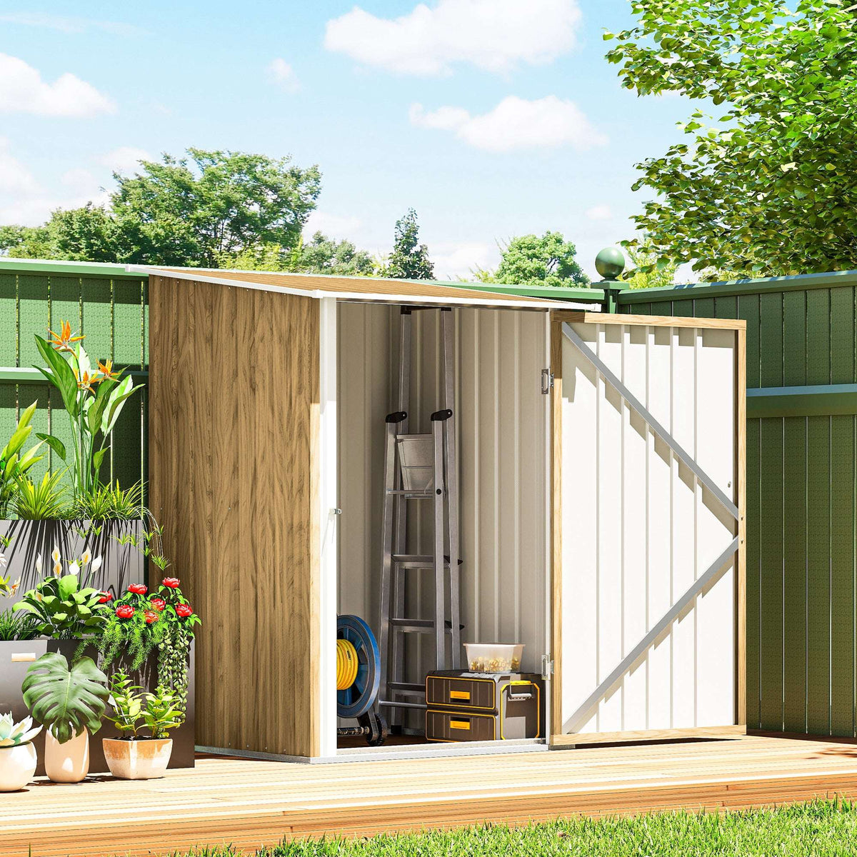 Outsunny 3.3 x 3.4ft Lean To Steel Garden Shed with Locking Door - Light Brown Wood Effect/White