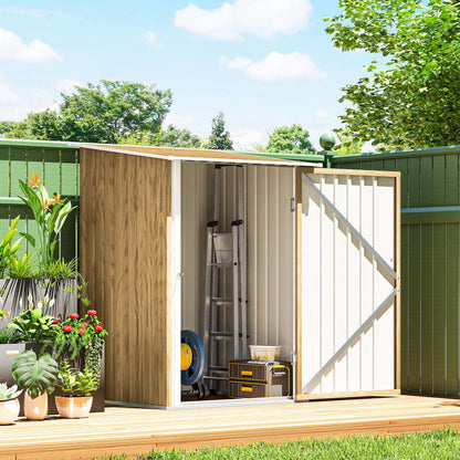 Outsunny 3.3 x 3.4ft Lean To Steel Garden Shed with Locking Door - Light Brown Wood Effect/White