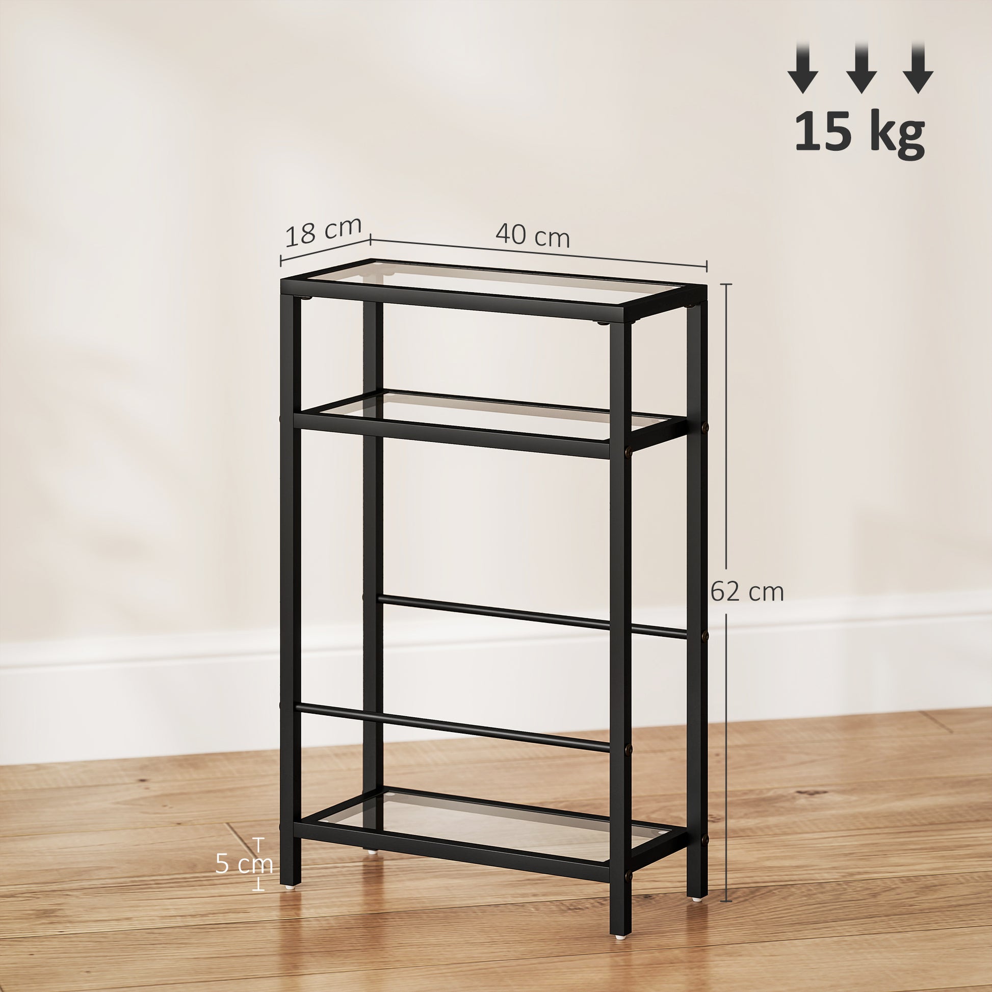 HOMCOM 3-Tier Side Table, Narrow End Table with Storage Shelf and Tempered Glass Tabletop for Small Spaces, Black-End Tables-ChewyGames-ChewyGames