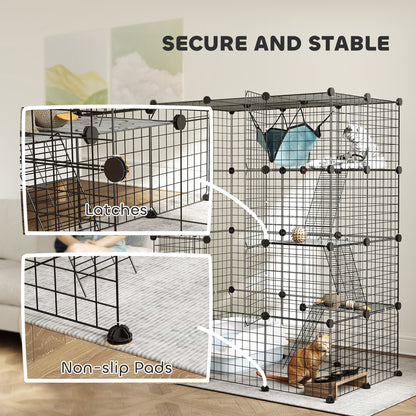 PawHut Four-Tier DIY Large Cat Cage with Hammock, Ramps, Five Doors, Indoor Use for 1-3 Cats, Black