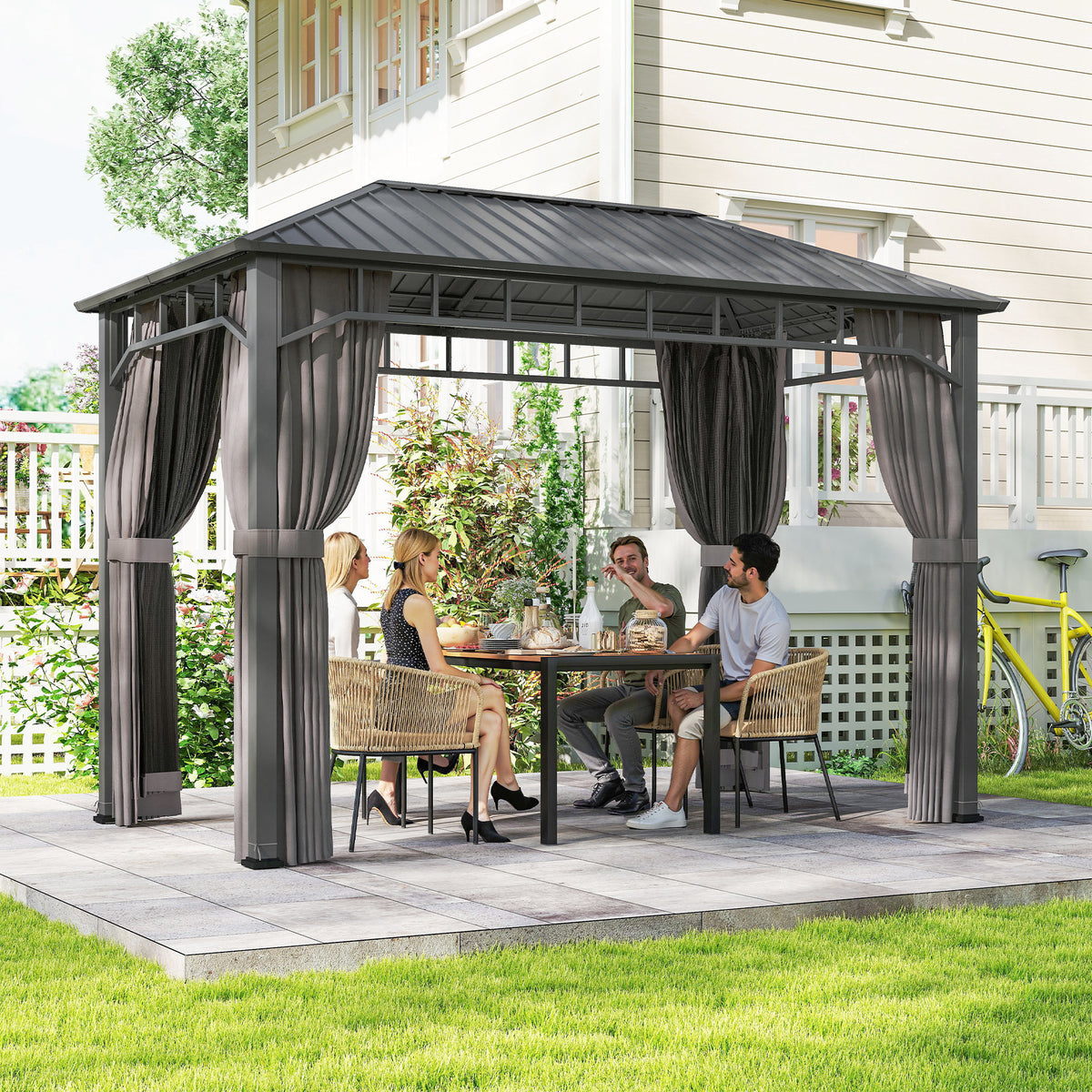 Outsunny 2 x 3.5 m Hardtop Gazebo with Galvanised Steel Roof, Waterproof Permanent Pavilion Garden Gazebo with Netting and Curtains for Patio, Deck, Dark Grey-Gazebos-ChewyGames-ChewyGames
