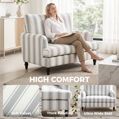 HOMCOM Velvet Single Sofa Armchair, Modern Accent Chair with Stripes, Turned Legs and Wide Seat, Grey