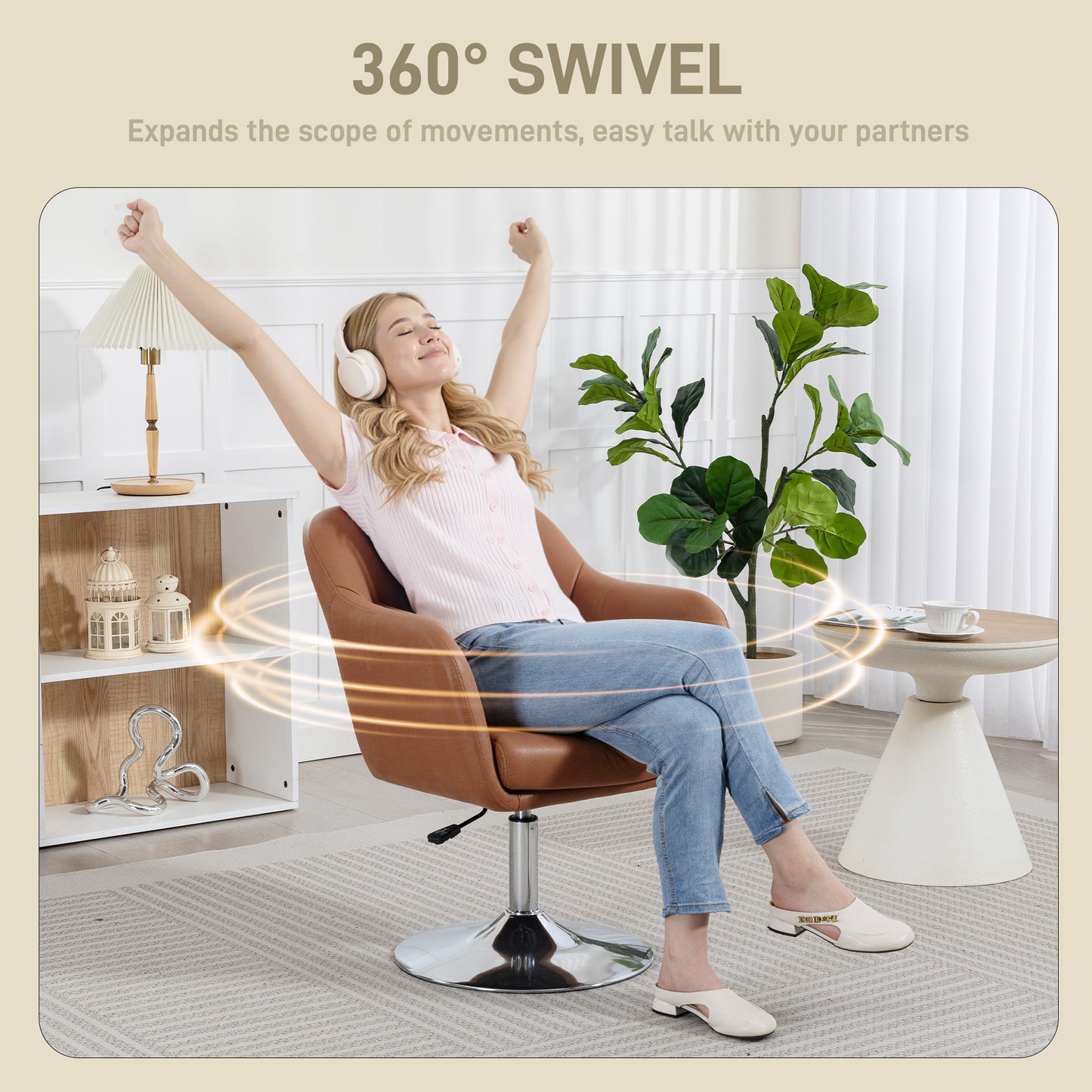 HOMCOM Swivel Accent Chair, Linen Fabric Tub Vanity Chair, Modern Armchair with Adjustable Height and Lumbar Support for Living Room Bedroom Salon Make up Room Dressing Table, Brown