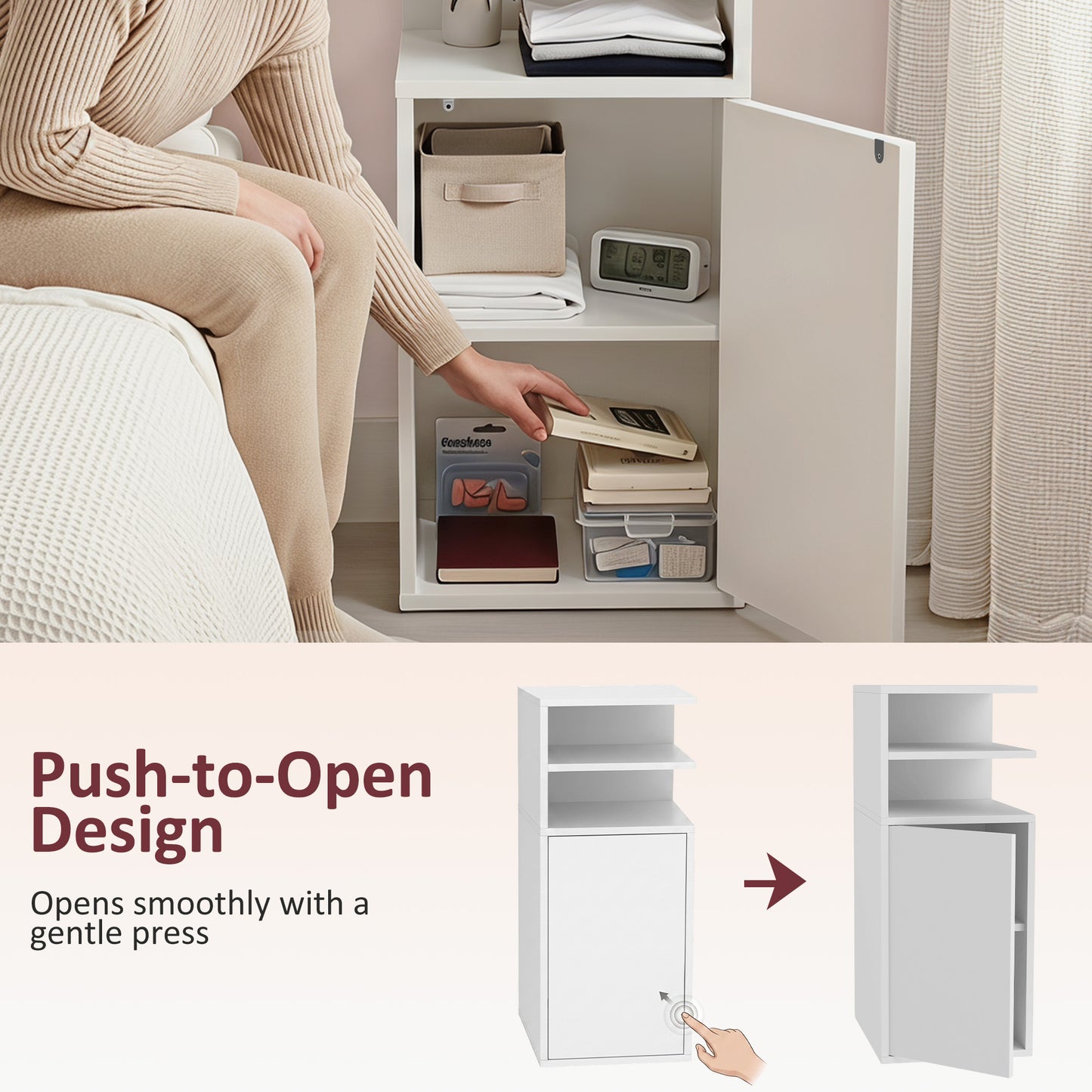 HOMCOM Slim Bedside Table Set of 2, Narrow Bedside Cabinet with Open Cubbies and Cupboard for Bedroom Living Room, White