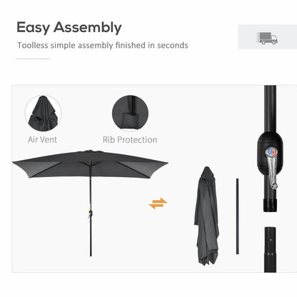 Outsunny 3x2m Garden Parasol Umbrella with Aluminium Pole, Tilt and Crank, Rectangular Outdoor Table Parasol Sun Shade for Patio, Black
