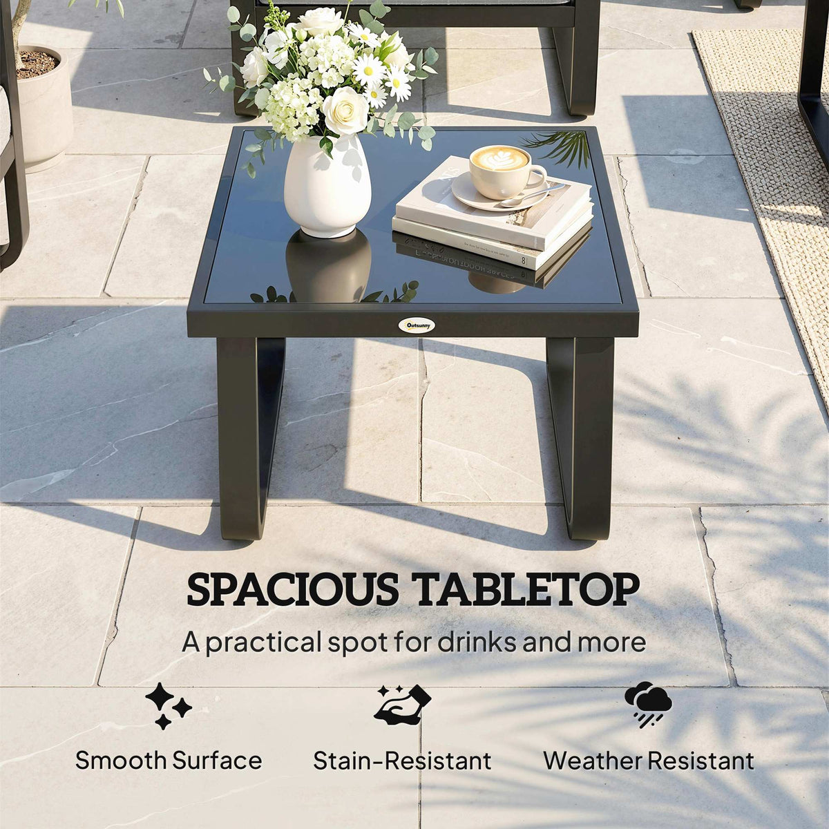 Outsunny Outdoor Garden Coffee Table, Rectangle Metal Side Table with Tempered Glass Tabletop, Adjustable Foot Pads-Coffee Tables-ChewyGames-ChewyGames