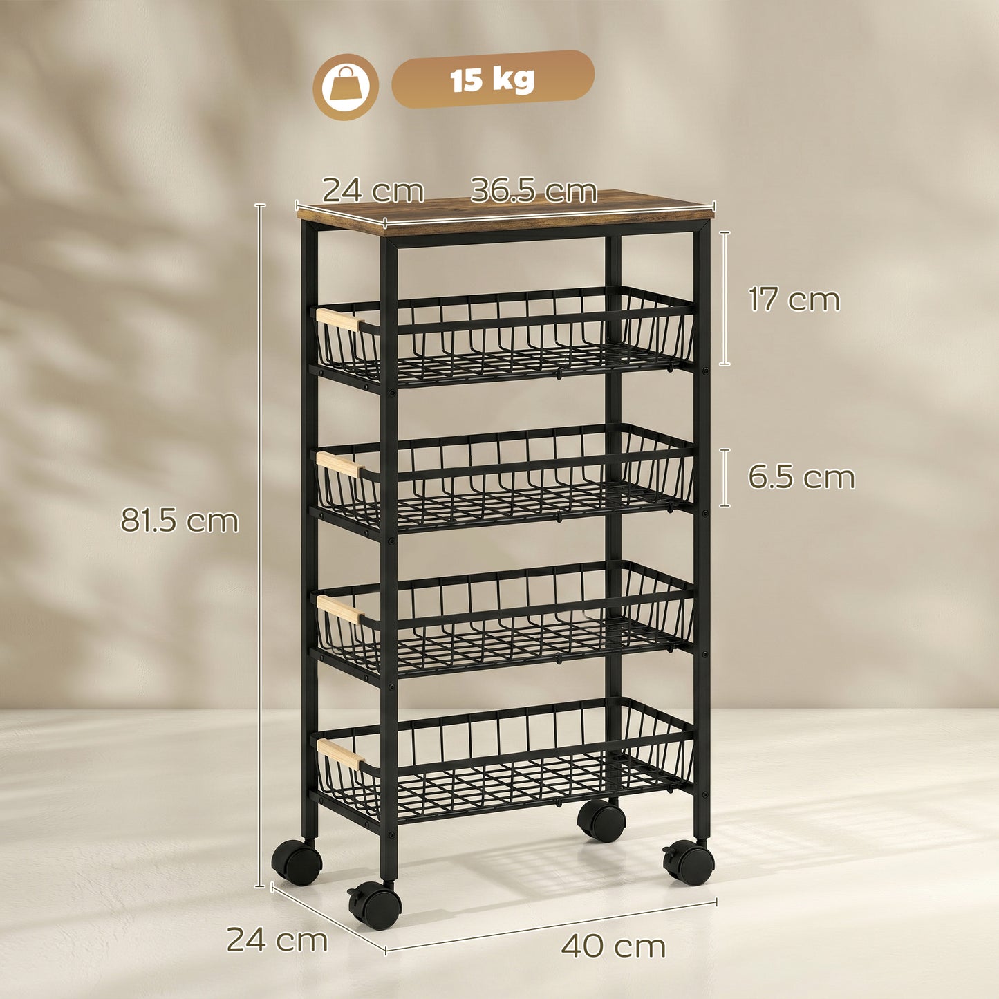 HOMCOM Metal Kitchen Trolley, 4-Tier Storage Trolley with Pull-Out Baskets and 4 Swivel Casters for Kitchen, Rustic Brown