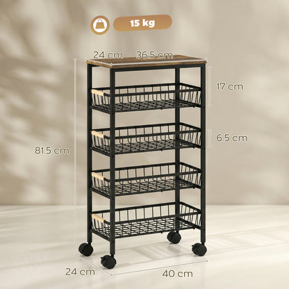 HOMCOM Metal Kitchen Trolley, 4-Tier Storage Trolley with Pull-Out Baskets and 4 Swivel Casters for Kitchen, Rustic Brown
