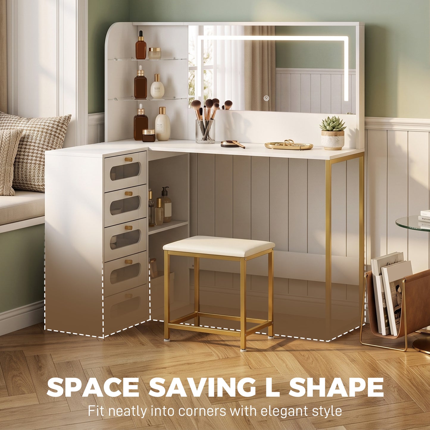 HOMCOM Dressing Table with LED Mirror and Stool, L-Shaped Vanity Desk with Drawers and Shelves, White