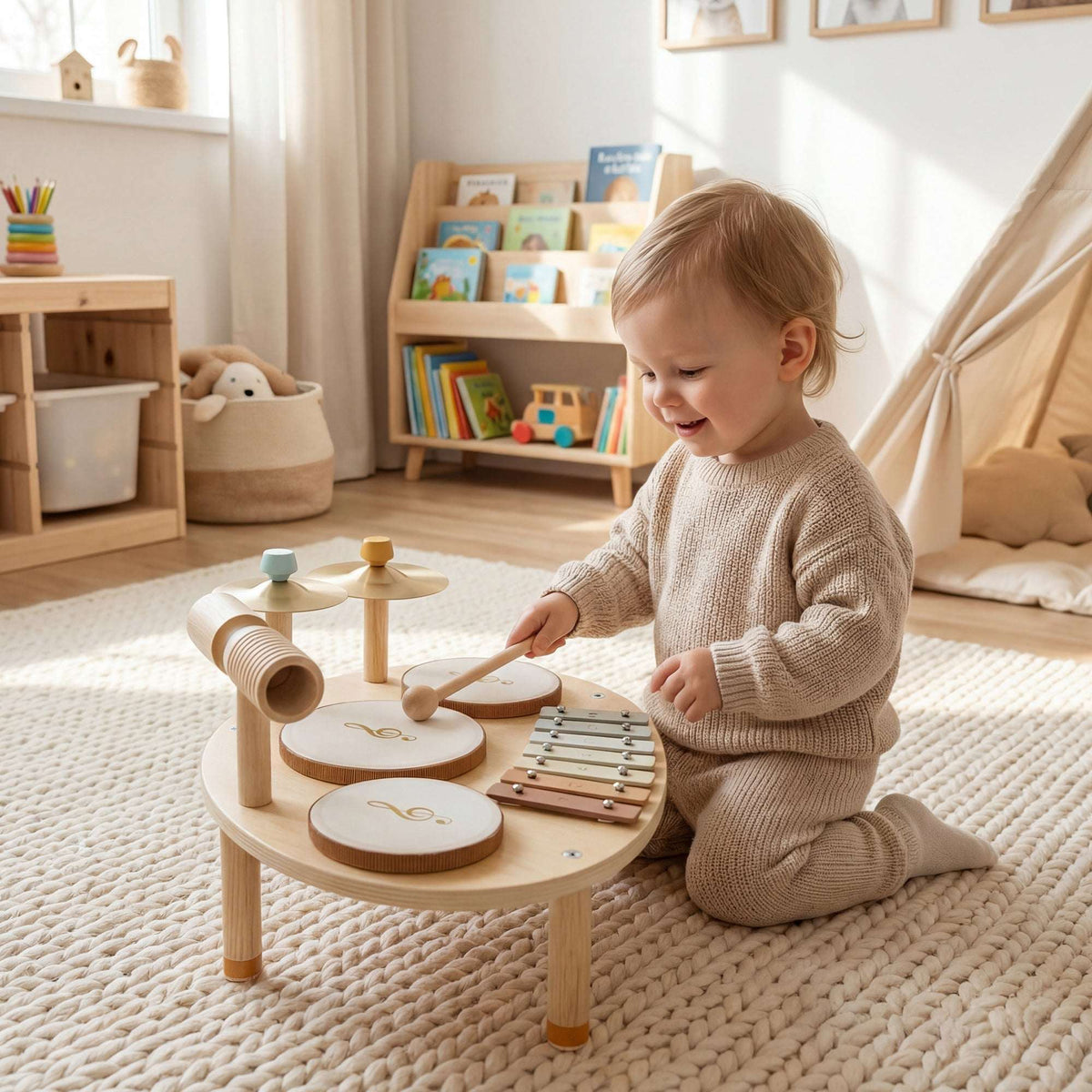 AIYAPLAY Baby Drum Kit, Wooden Kids Musical Instruments with Drums and Xylophone, Gifts for Girls Boys Birthday, Natural