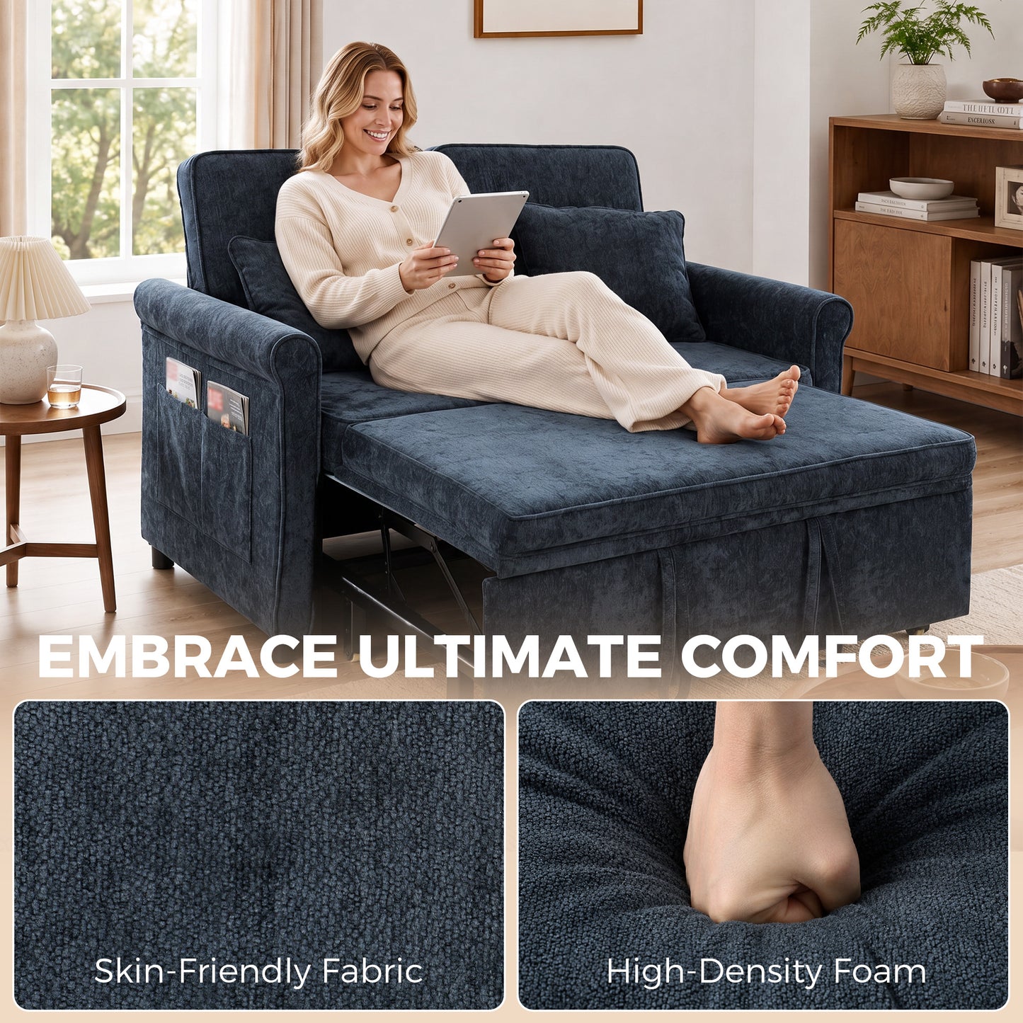 HOMCOM 2 Seater Sofa Bed 3-in-1 Convertible Chenille Pull Out Sleeper Sofa with 5-Position Adjustable Backrest, Dark Blue