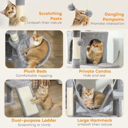 PawHut Cat Tree, 192 cm Large Multi-Level Cat Tower for Indoor Kittens with 8 Scratching Posts, 3 Plush Beds, 2 Hammocks