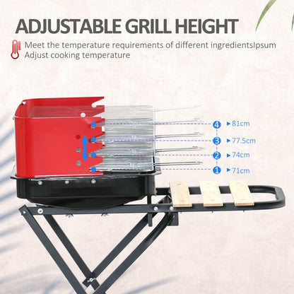 Outsunny Charcoal Trolley BBQ Barbecue Grill Patio Camping Picnic Garden Party Outdoor Cooking with Windshield and Wheels Side Trays, Black/Red